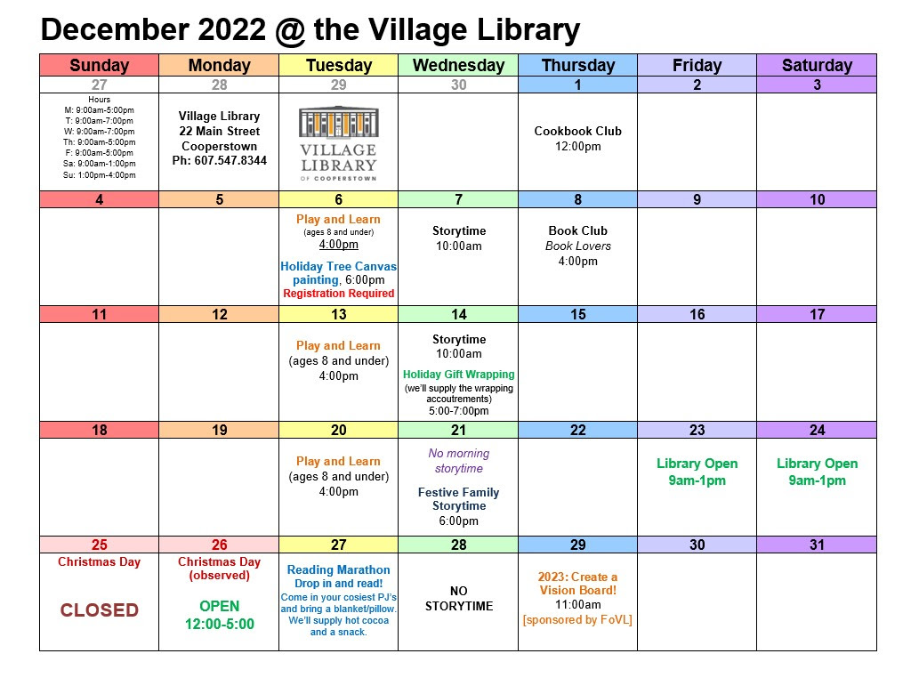 Village Library of Cooperstown – 22 Main St, Cooperstown, NY 13326 607. ...